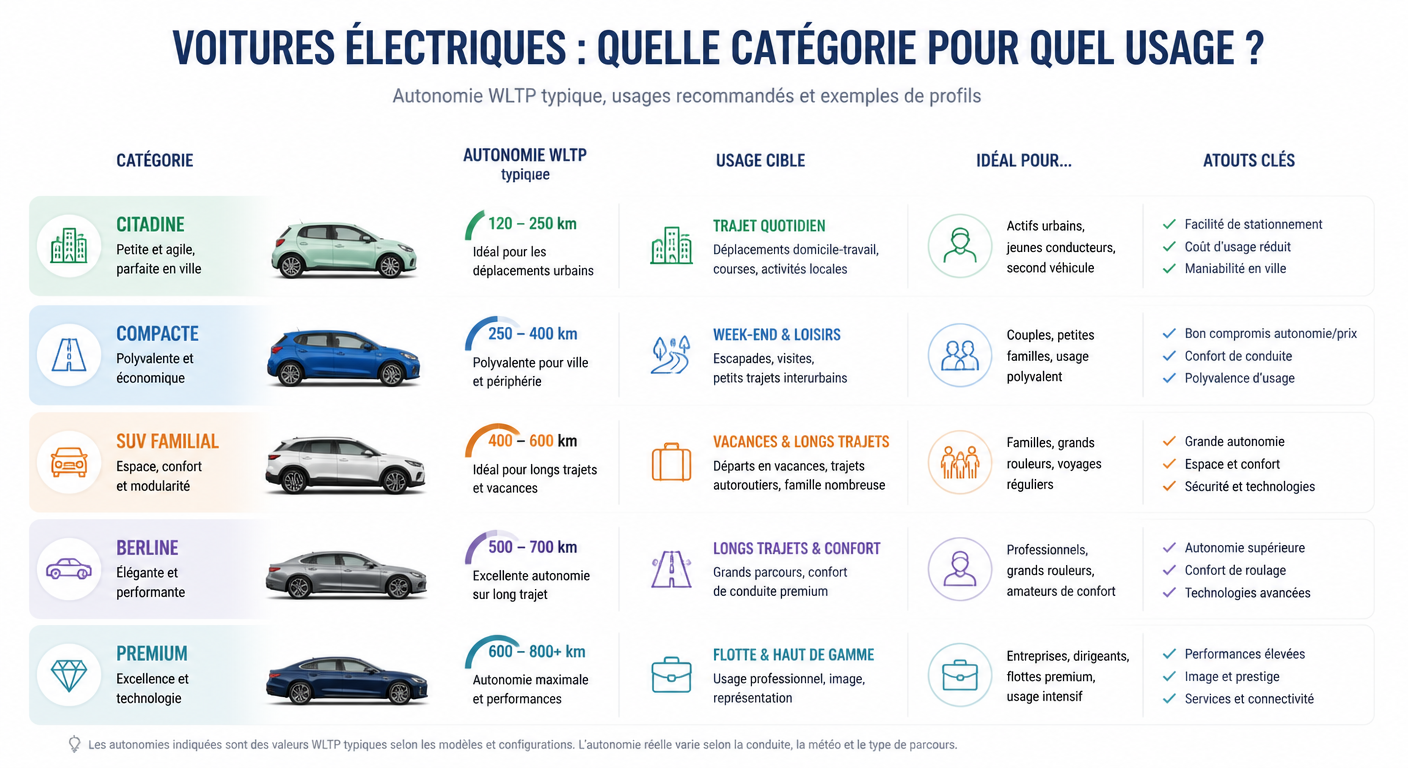 Infographie associant catégorie de voiture électrique et usage type
