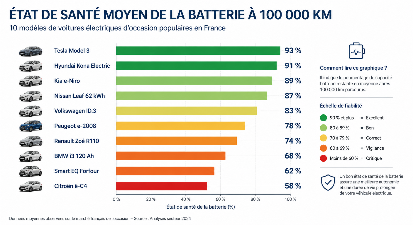 Infographie de la dégradation batterie à 100 000 kilomètres par modèle
