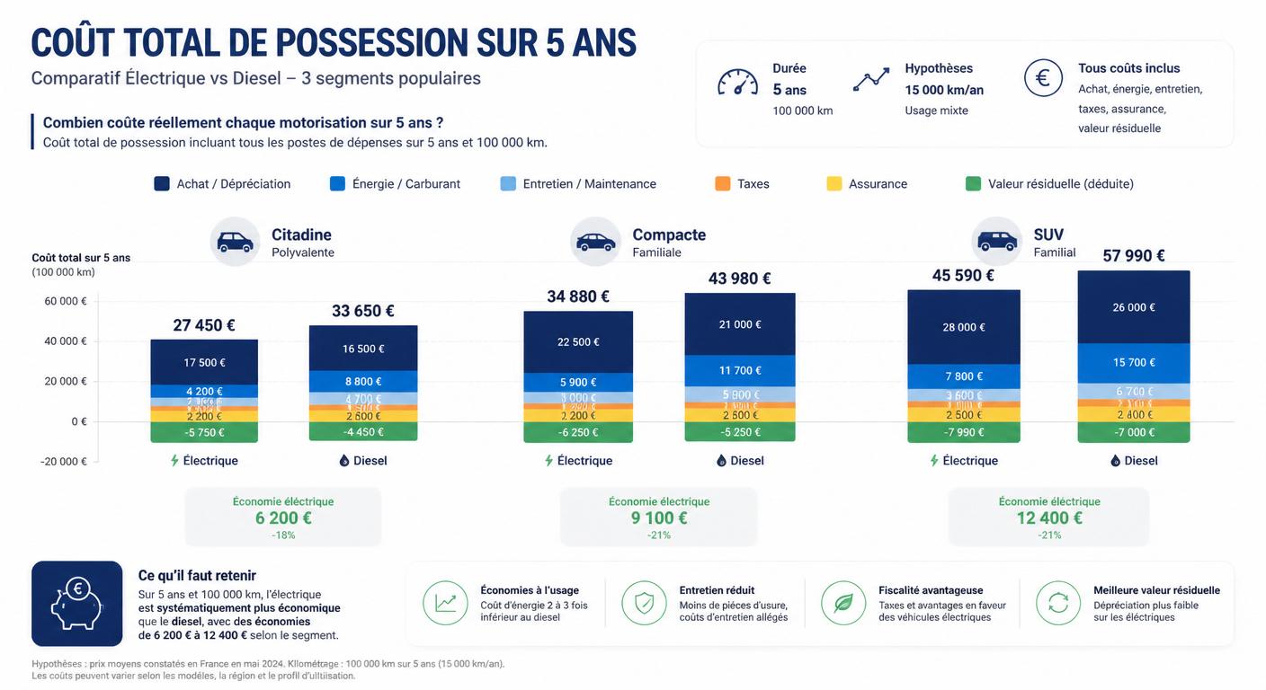Infographie du coût total de possession sur 5 ans pour trois paires de véhicules électrique et diesel