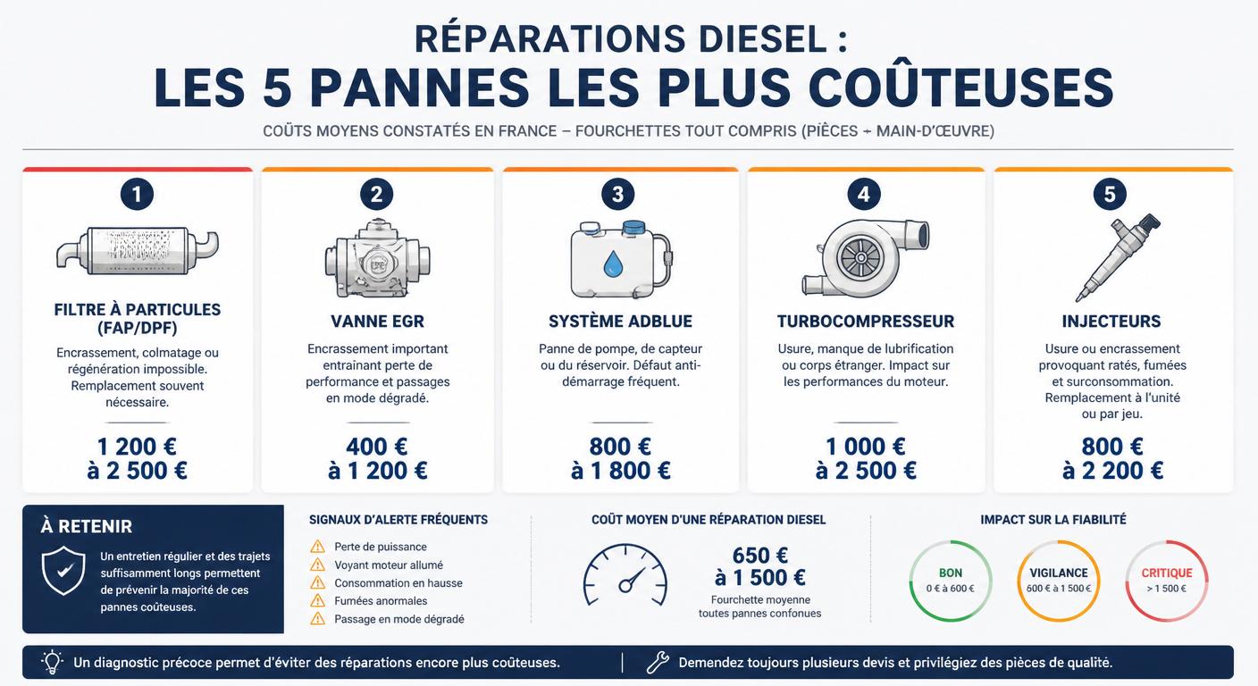 Infographie des cinq pannes les plus coûteuses sur un diesel d'occasion