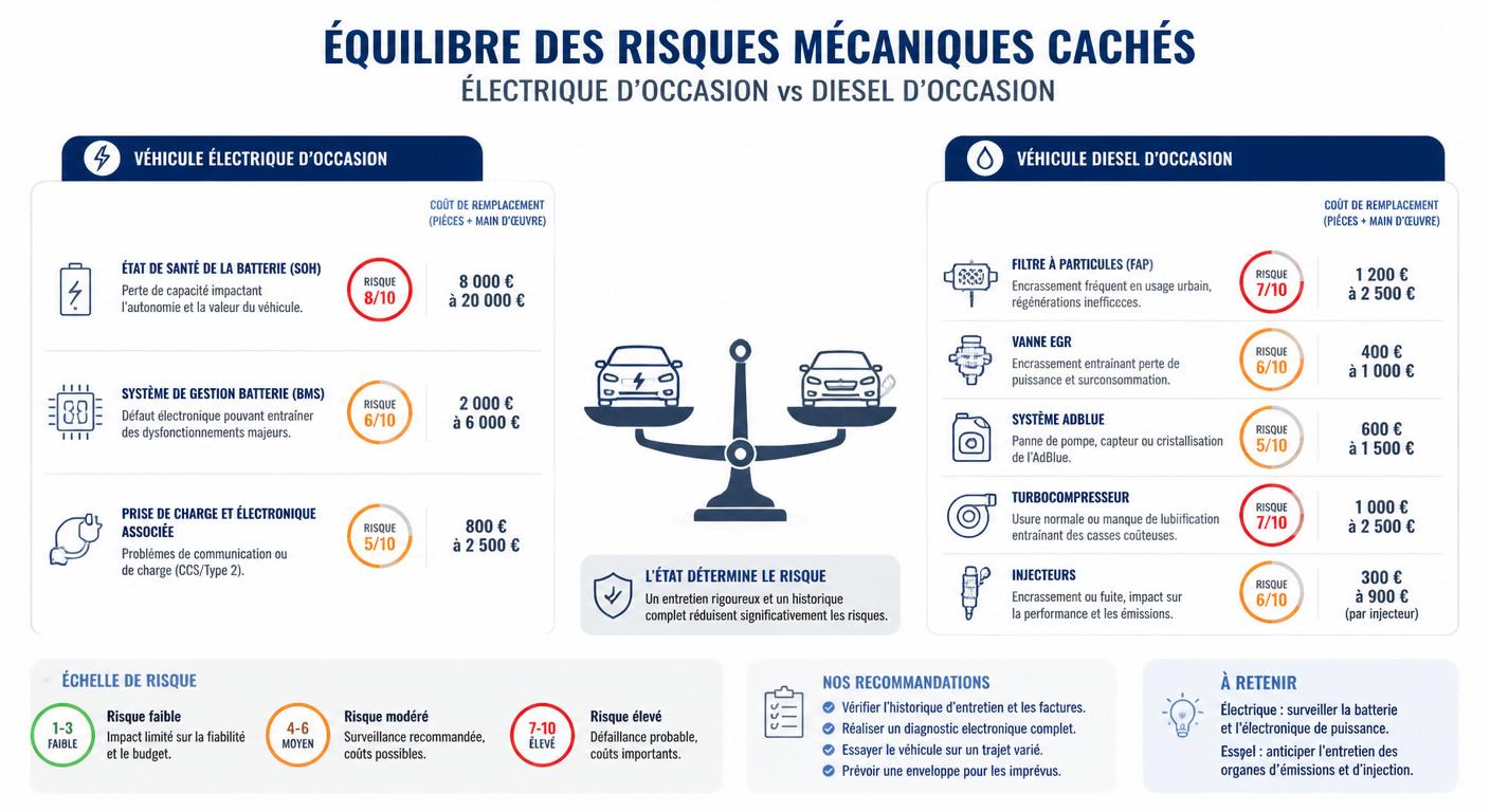 Infographie des risques cachés batterie occasion électrique versus FAP AdBlue diesel