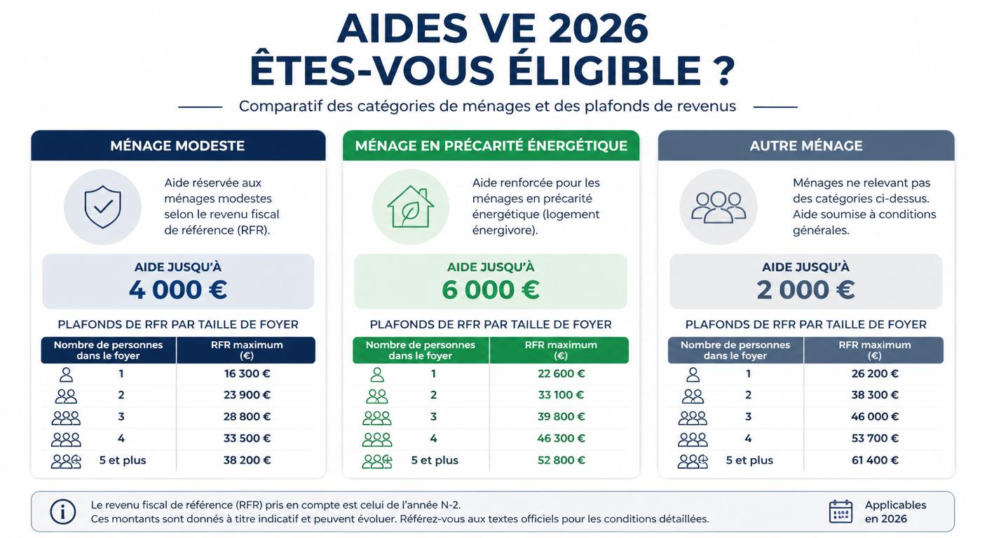 Plafonds de revenus 2026 par catégorie de ménage pour les aides voiture électrique