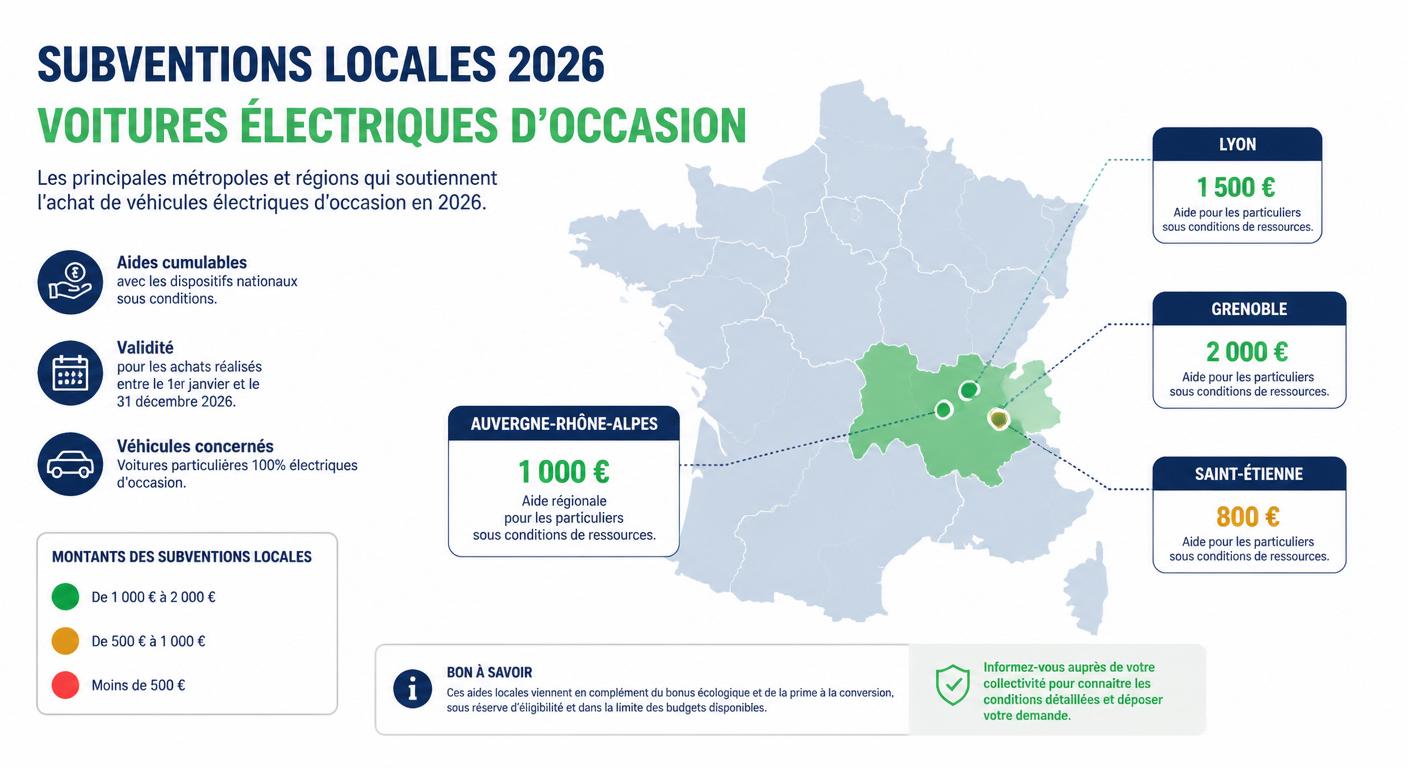 Carte des principales aides locales à l'achat d'une voiture électrique d'occasion en France 2026