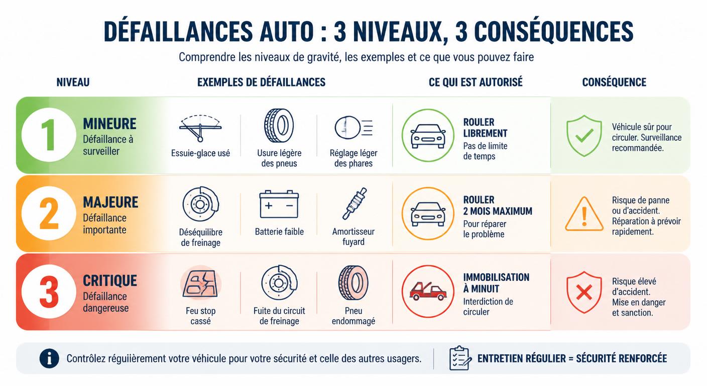 Infographie comparant défaillances mineures, majeures et critiques au contrôle technique