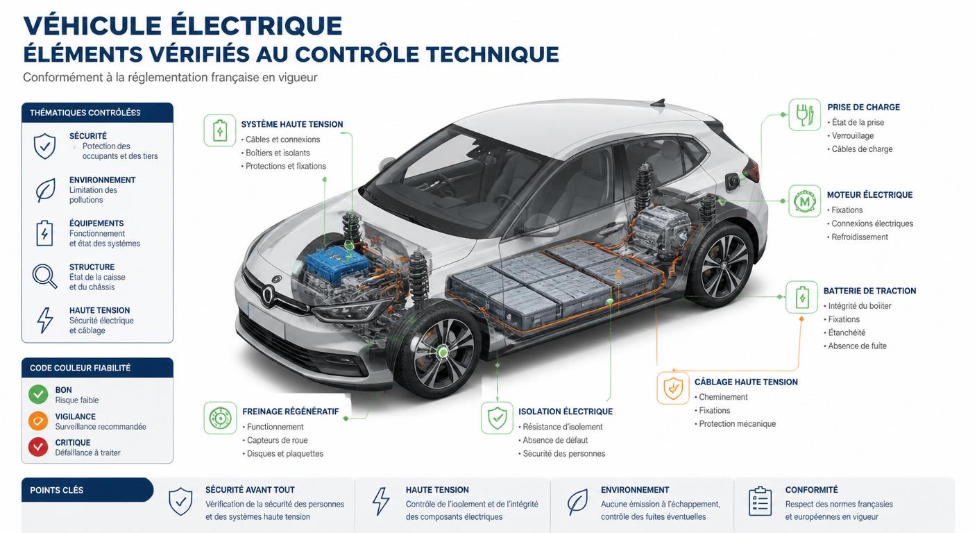 Illustration des points spécifiques contrôlés sur un véhicule électrique lors d'un contrôle technique