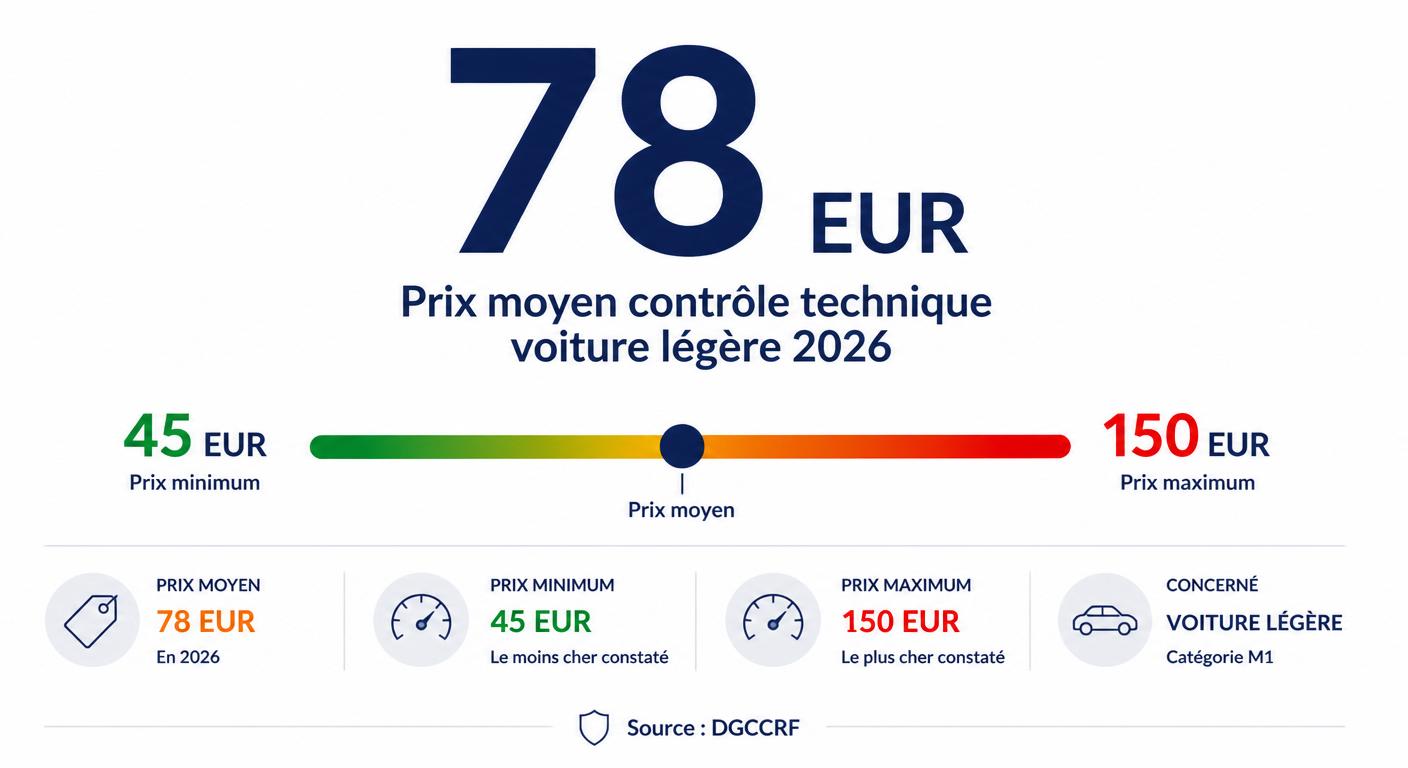 Infographie du prix moyen du contrôle technique en France en 2026 avec fourchette de 45 à 150 euros