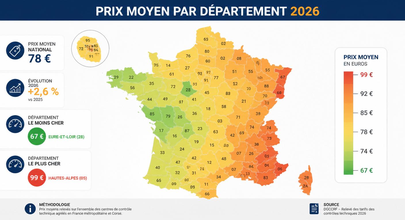 Carte de France du prix moyen du contrôle technique par département en 2026