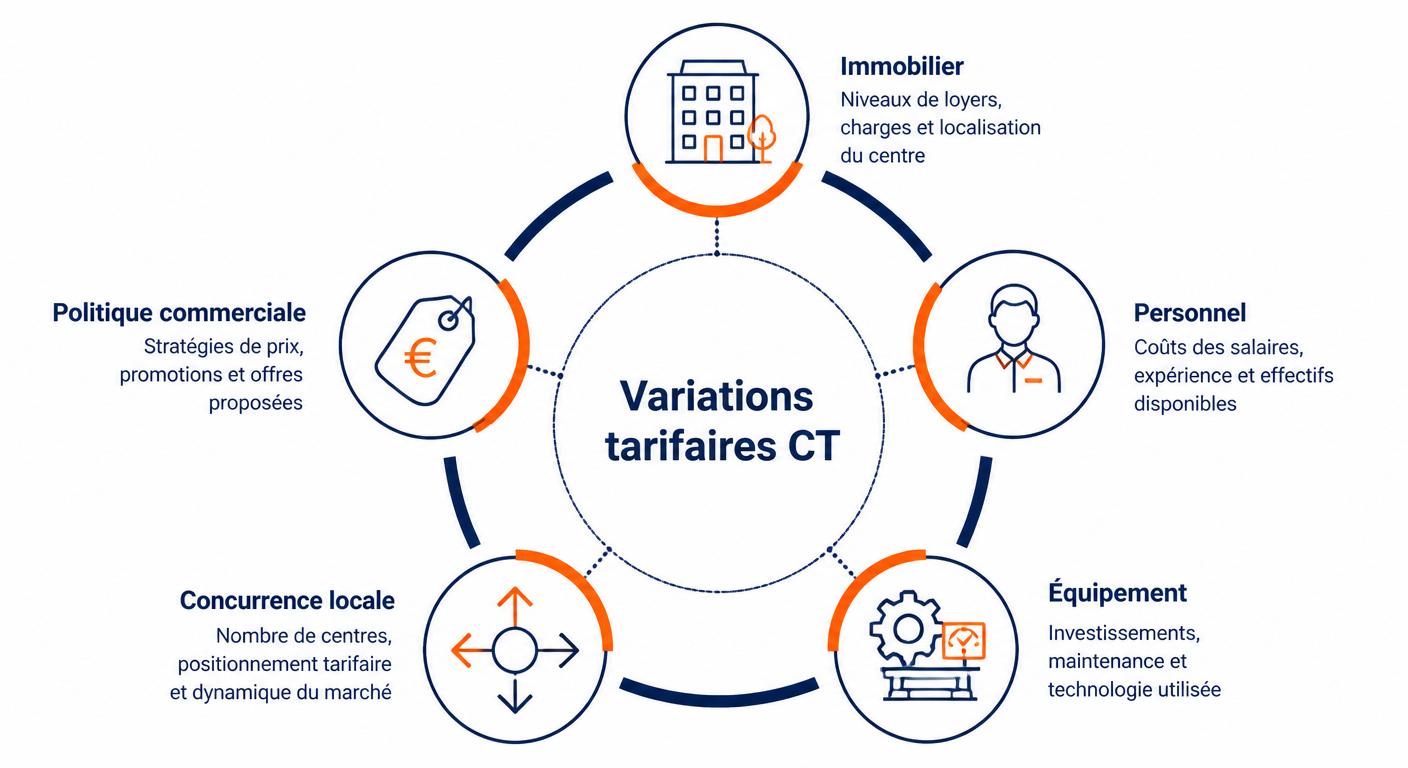 Infographie des 5 facteurs qui font varier le prix du contrôle technique entre centres