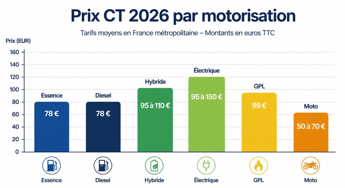 Infographie comparative des prix du contrôle technique en 2026 selon la motorisation