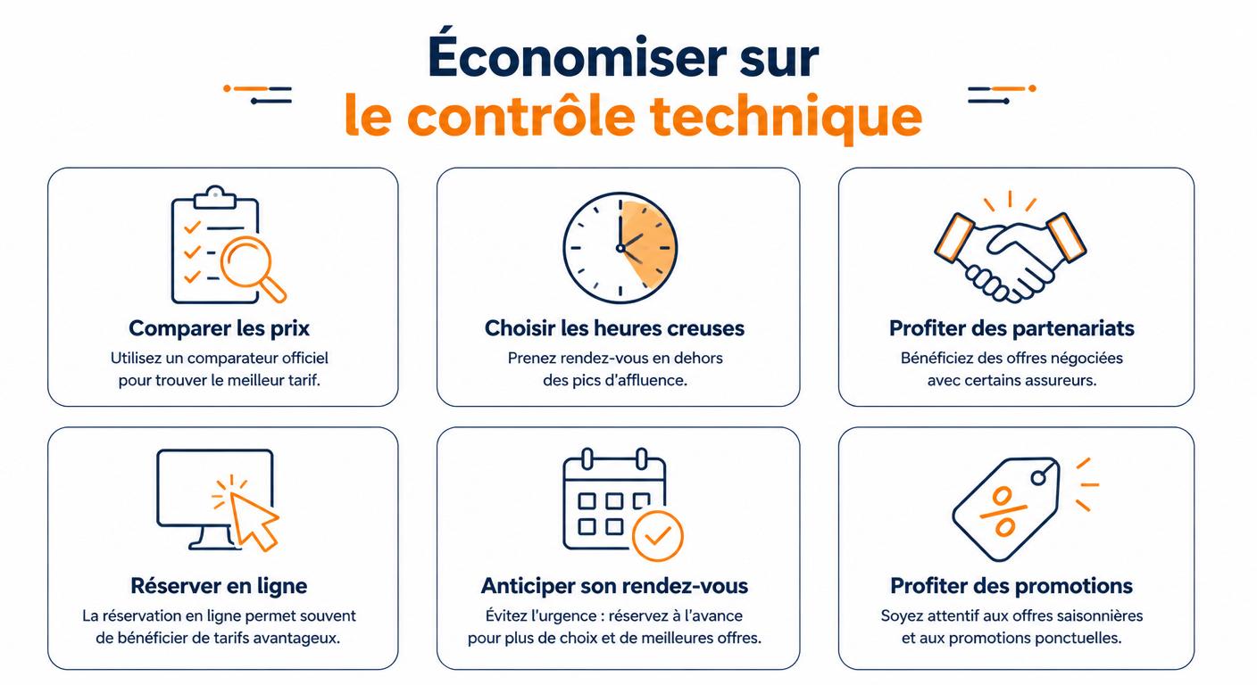Infographie des 6 leviers pour payer moins cher son contrôle technique