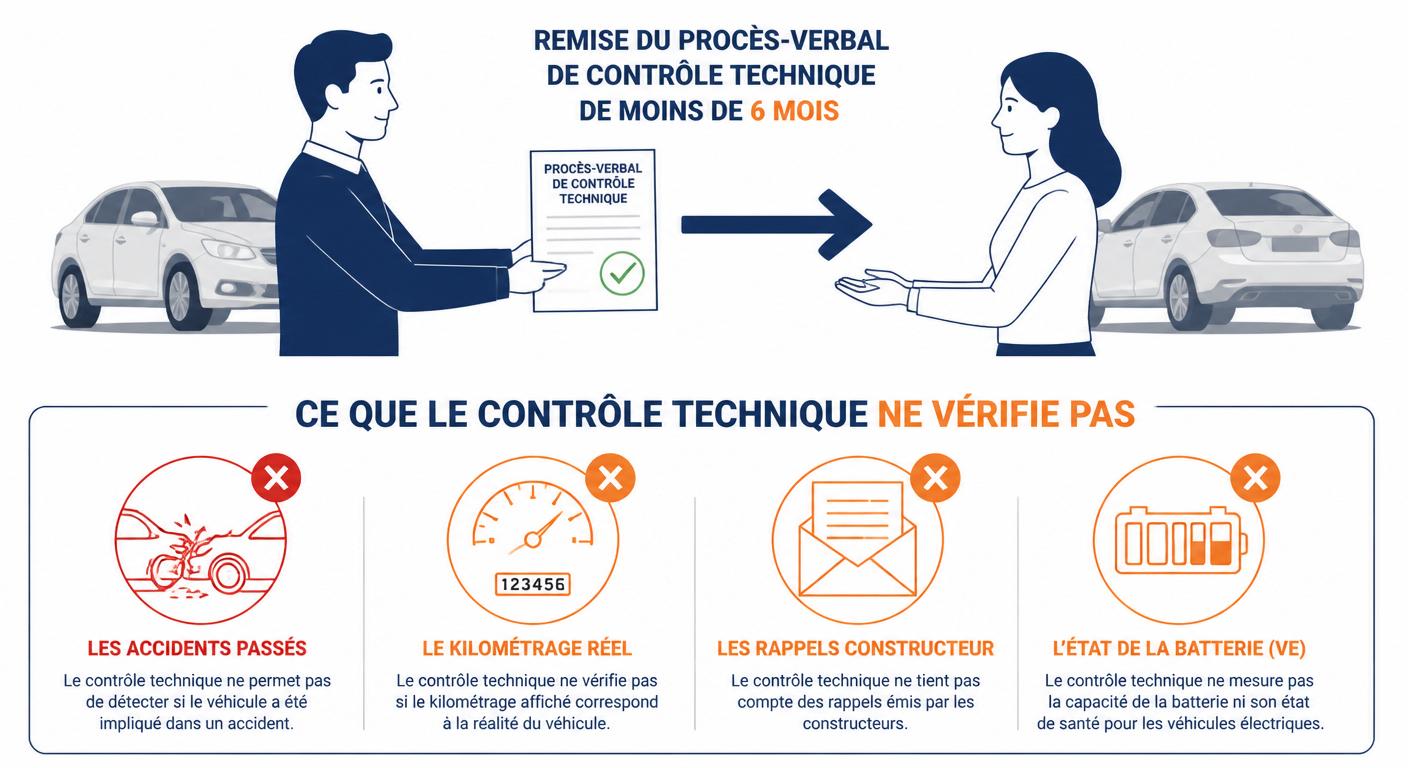 Infographie du contrôle technique lors de l'achat d'une voiture d'occasion et de ses limites