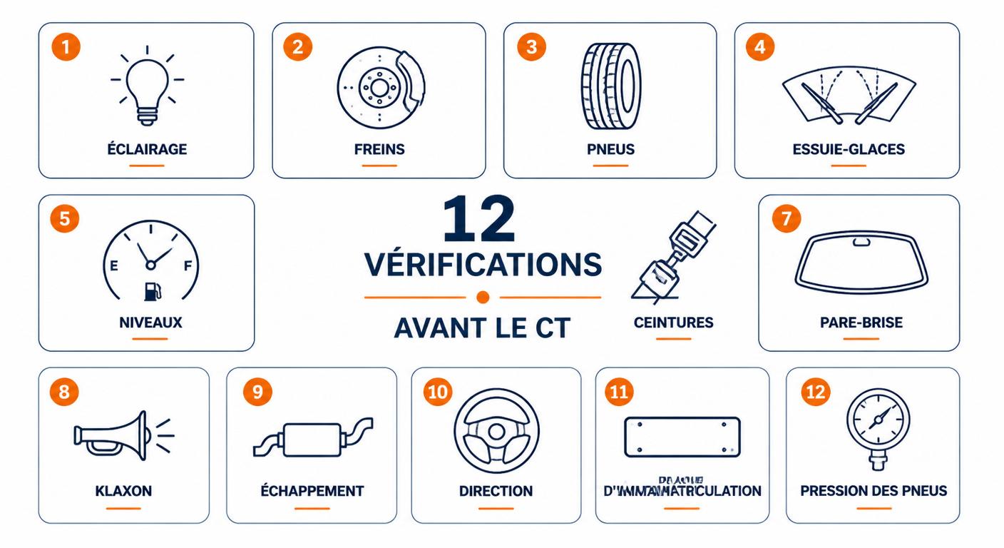 Infographie des 12 points à vérifier avant le contrôle technique pour éviter la contre-visite