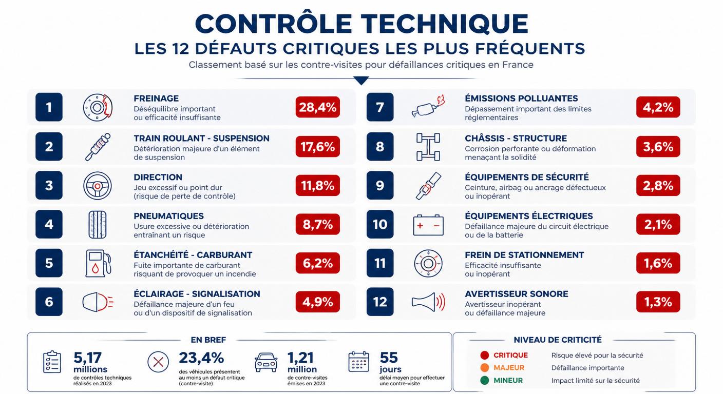Classement infographique des 12 défauts critiques les plus fréquents au contrôle technique français en 2026