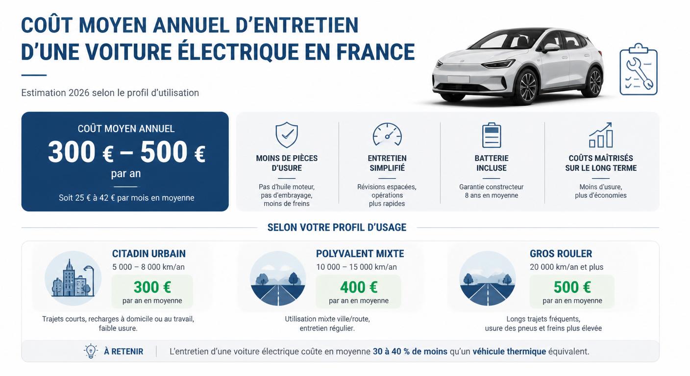 Coût moyen annuel d'entretien d'une voiture électrique en France en 2026, par profil d'usage