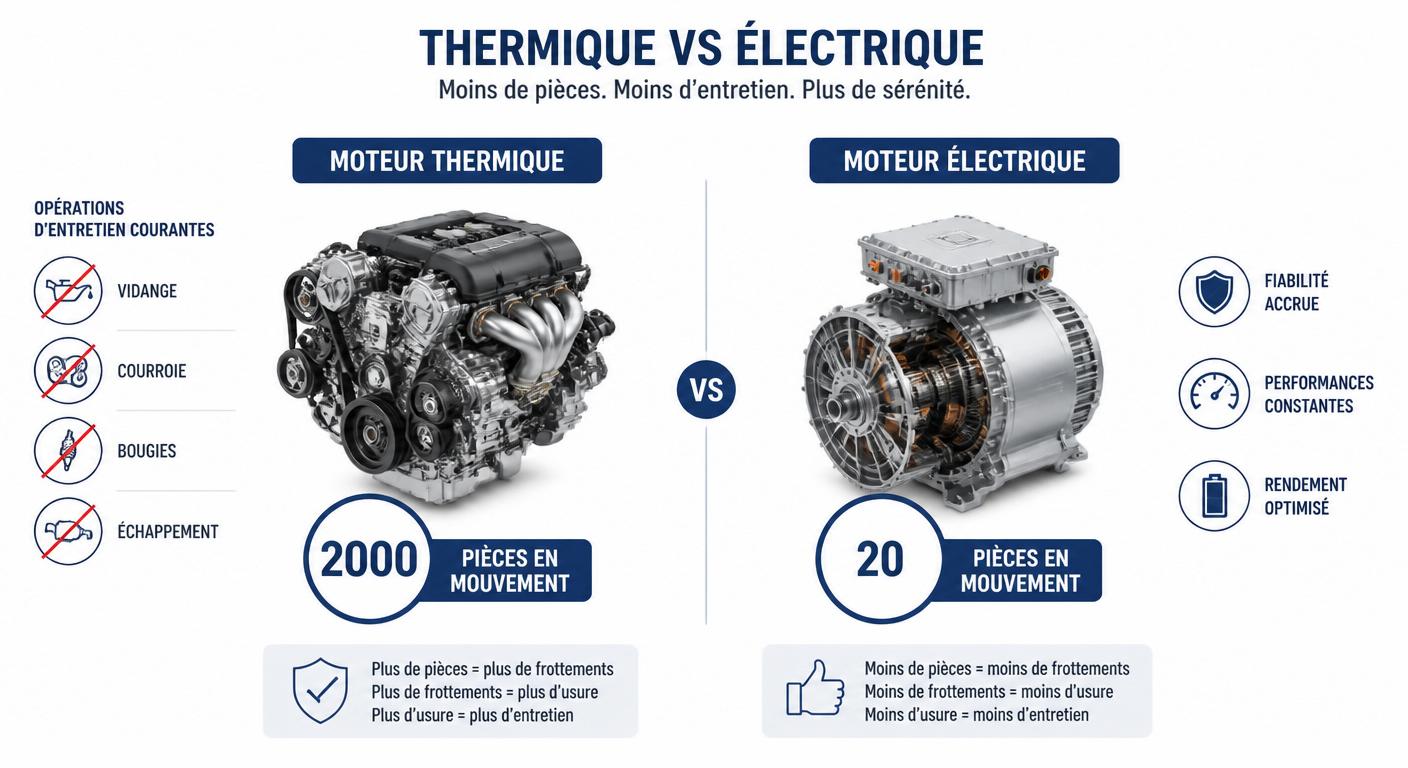 Comparaison du nombre de pièces mobiles entre un moteur thermique et un moteur électrique