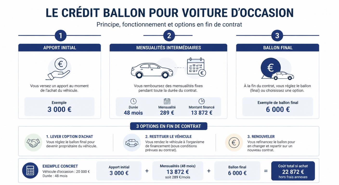 Infographie expliquant l'anatomie d'un crédit ballon pour une voiture d'occasion