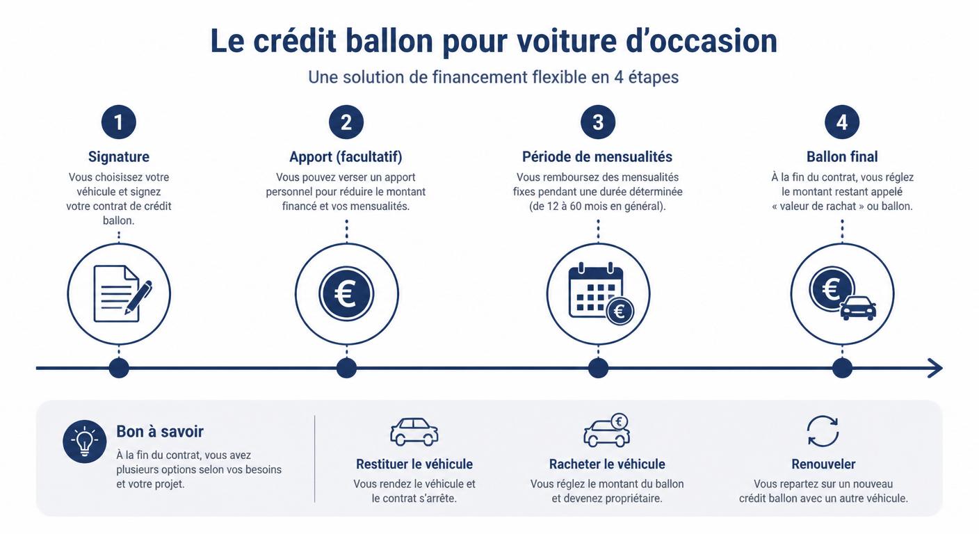 Frise chronologique des 4 étapes d'un crédit ballon pour voiture d'occasion