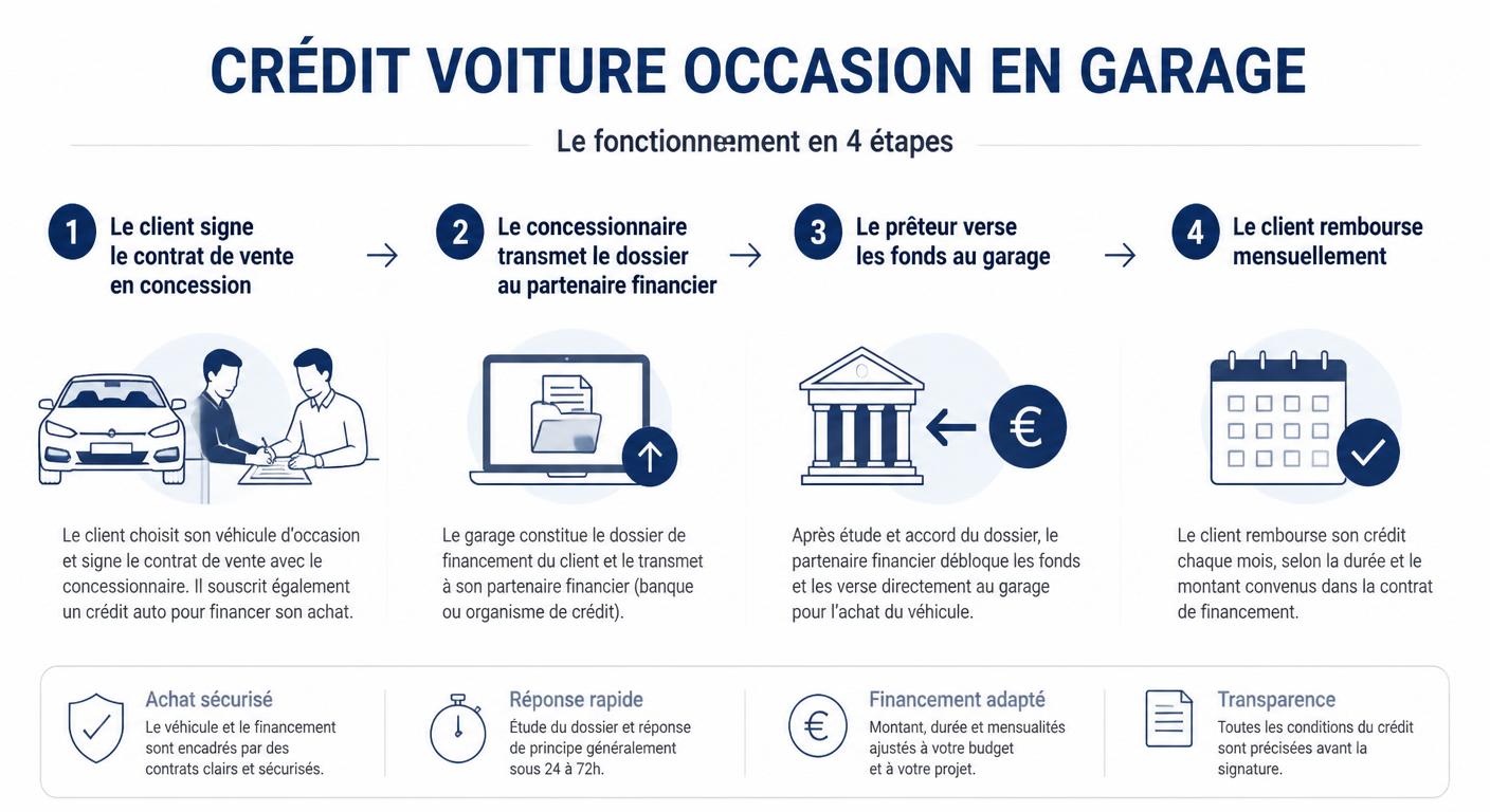 Schéma du fonctionnement d'un crédit voiture occasion en garage en France