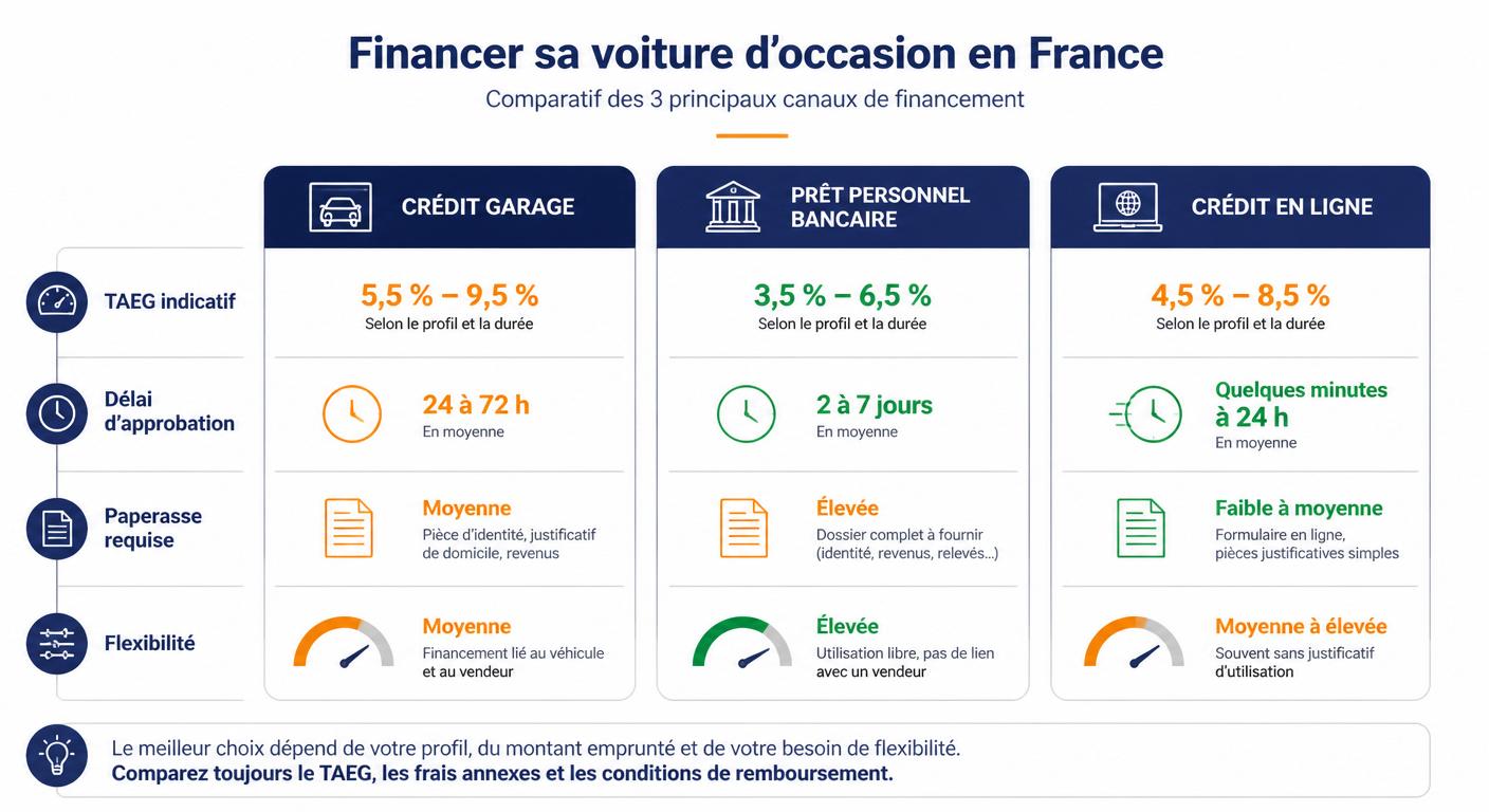 Infographie comparative crédit voiture occasion en garage, banque et en ligne