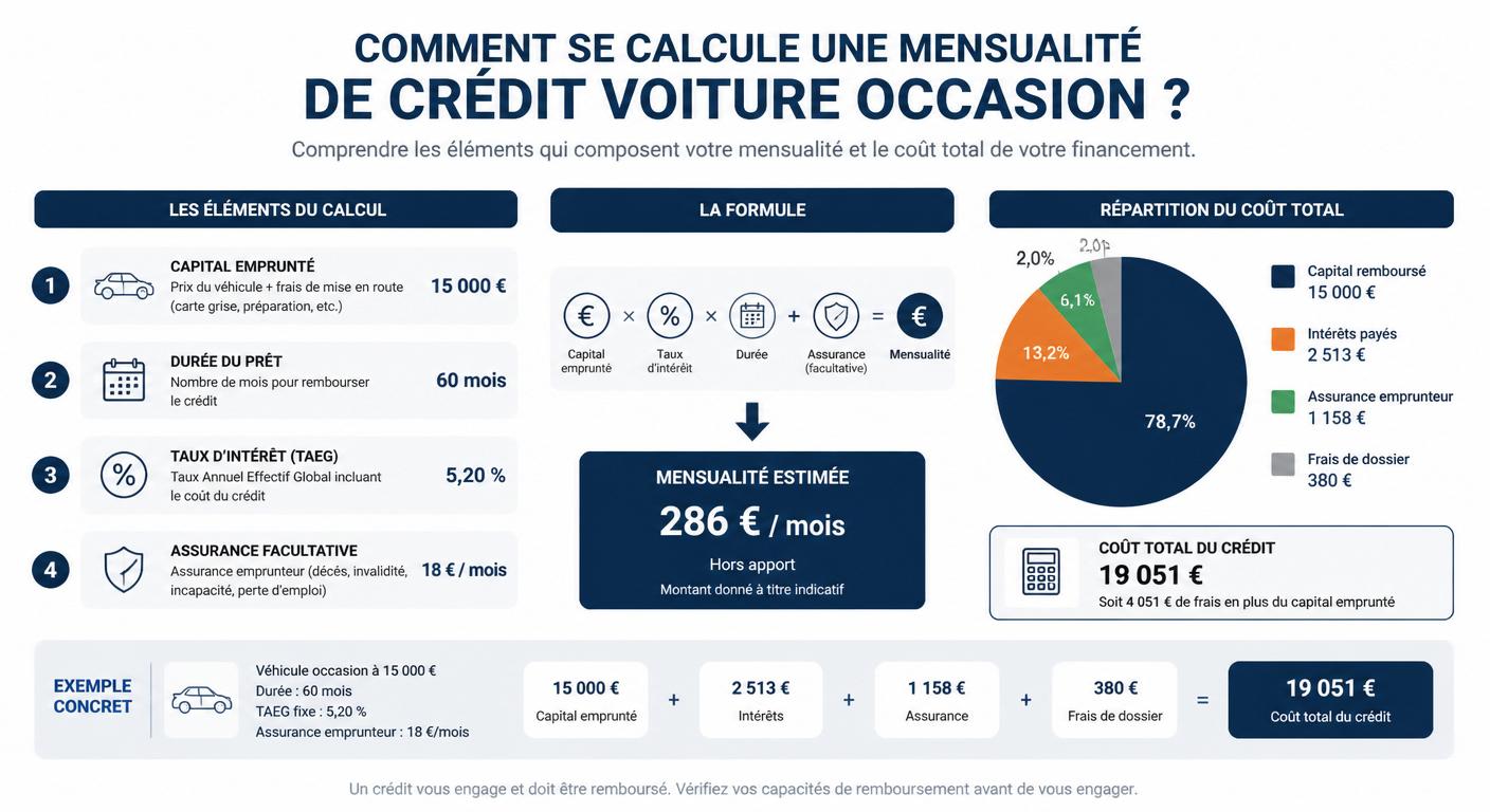 Décomposition graphique d'une mensualité de crédit voiture occasion