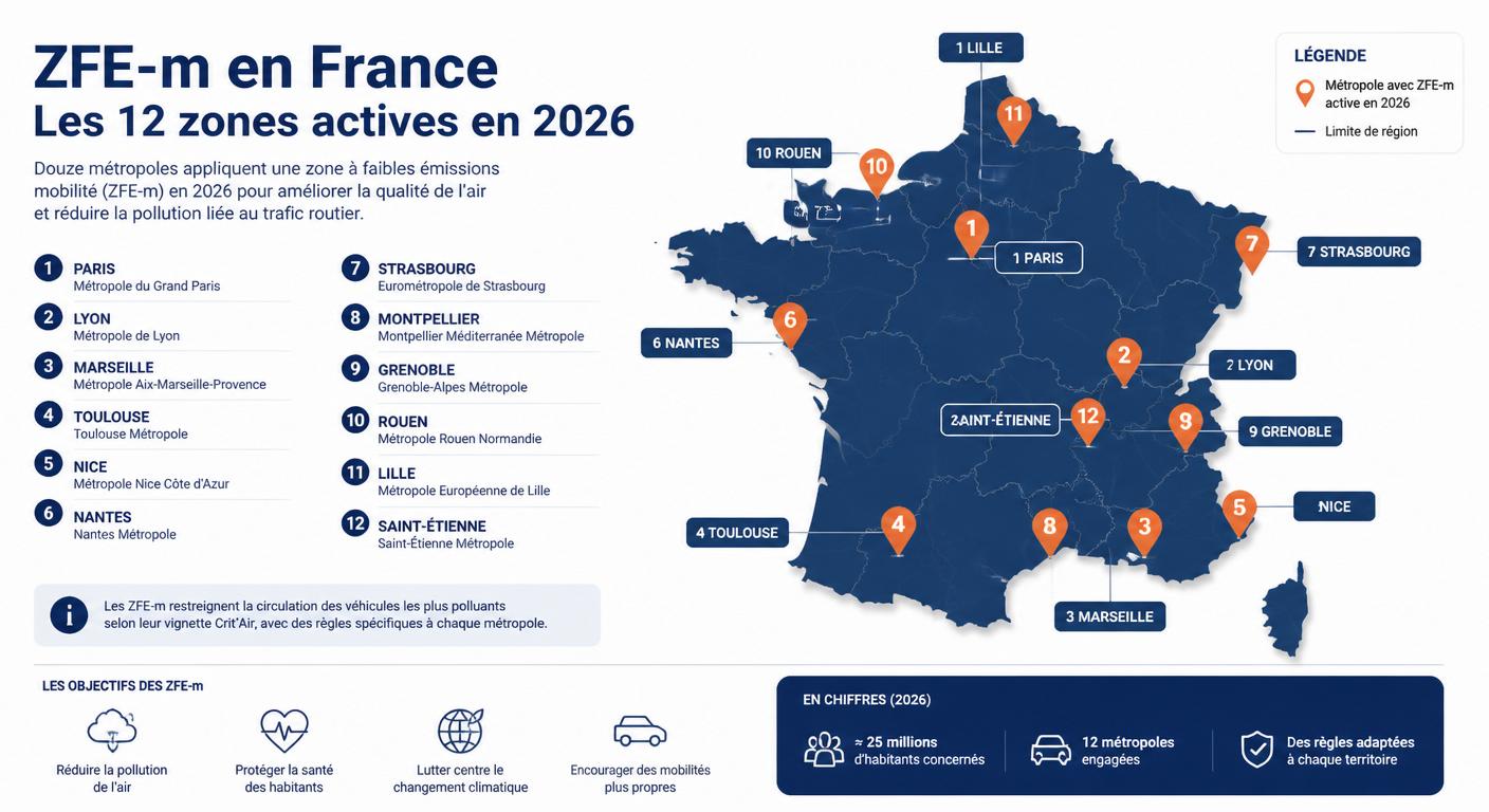 Carte des 12 zones à faibles émissions ZFE-m éligibles au PTZ-m pour le crédit voiture occasion taux zéro