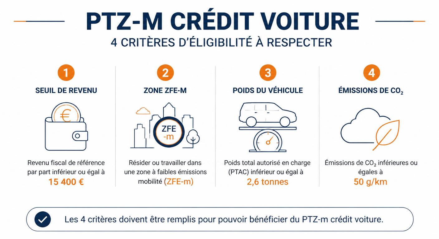 Infographie des quatre critères d'éligibilité au PTZ-m voiture occasion