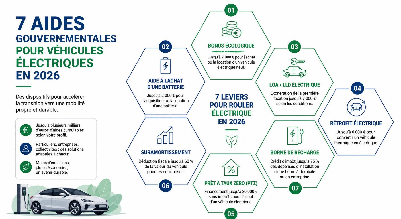 Infographie des sept aides voiture électrique disponibles en France en 2026