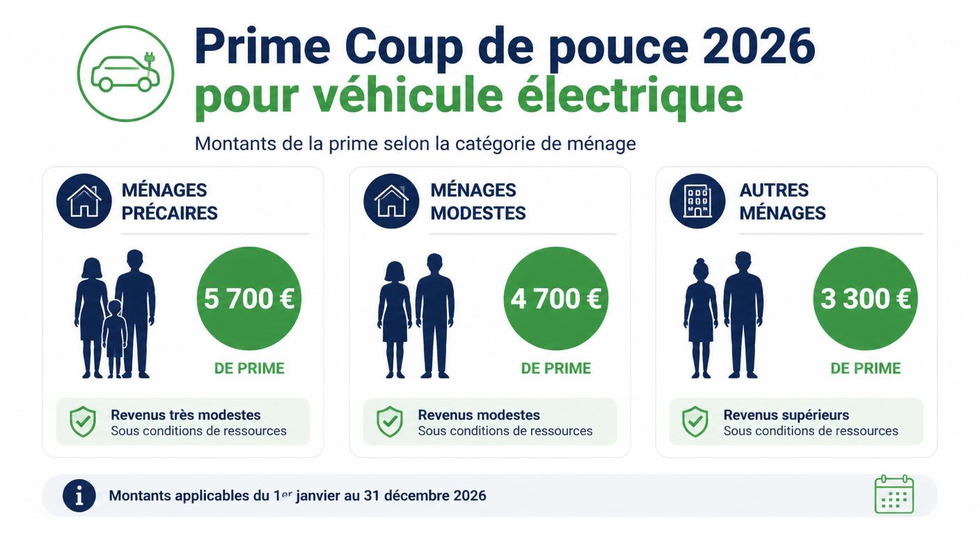 Infographie des trois catégories de ménages et primes Coup de pouce 2026