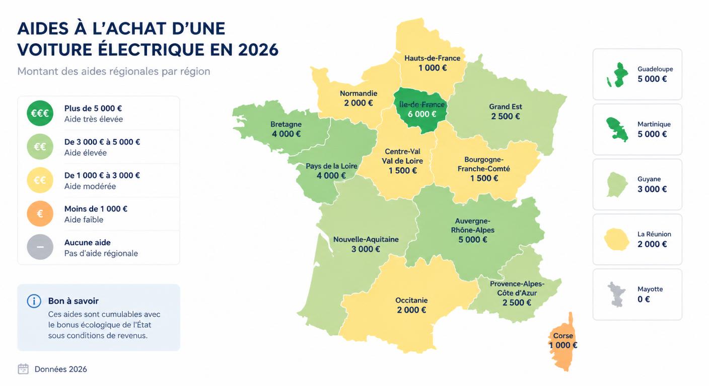 Carte des aides régionales pour voiture électrique 2026 en France