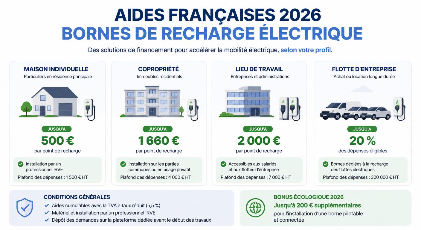 Infographie des aides borne de recharge 2026 selon le profil