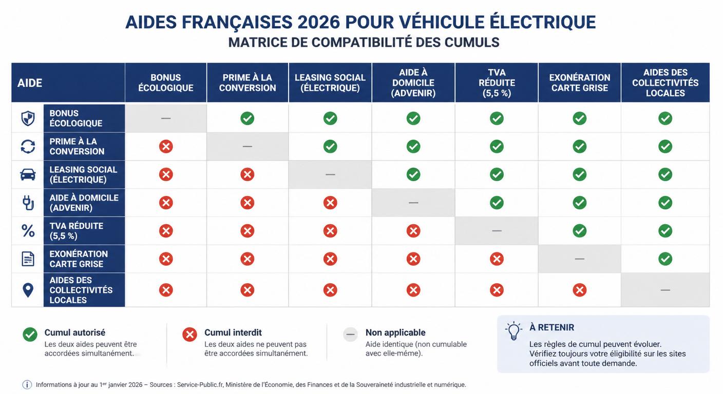 Matrice de cumul des aides voiture électrique 2026