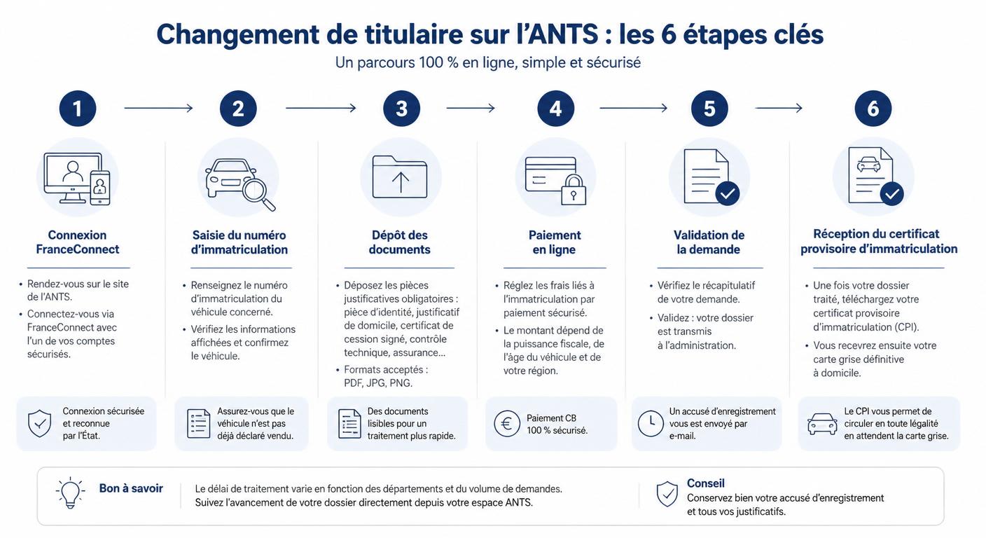 Schéma des six étapes de la déclaration d'achat en ligne sur ANTS