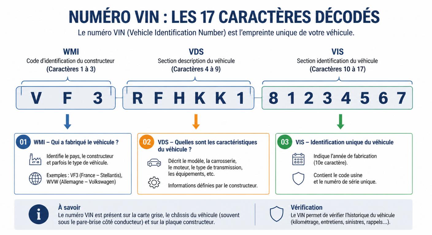 Schéma annoté d'un numéro VIN de 17 caractères décomposé en WMI, VDS et VIS