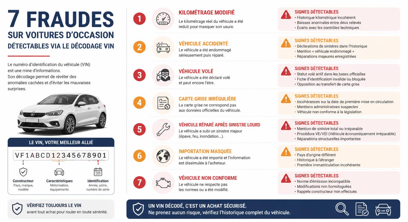 Infographie des 7 fraudes détectables grâce au décodage VIN