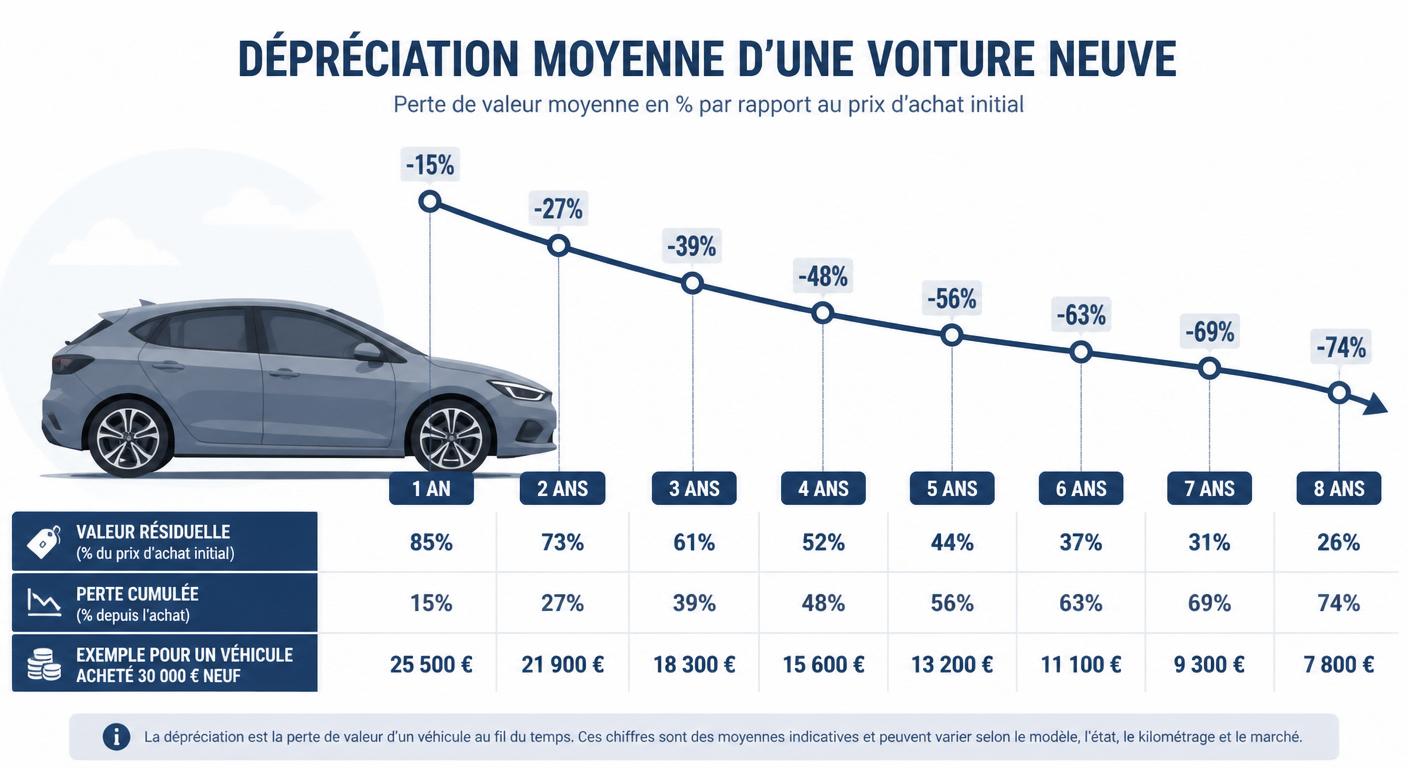 Schéma illustrant la perte de valeur annuelle d'une voiture d'occasion