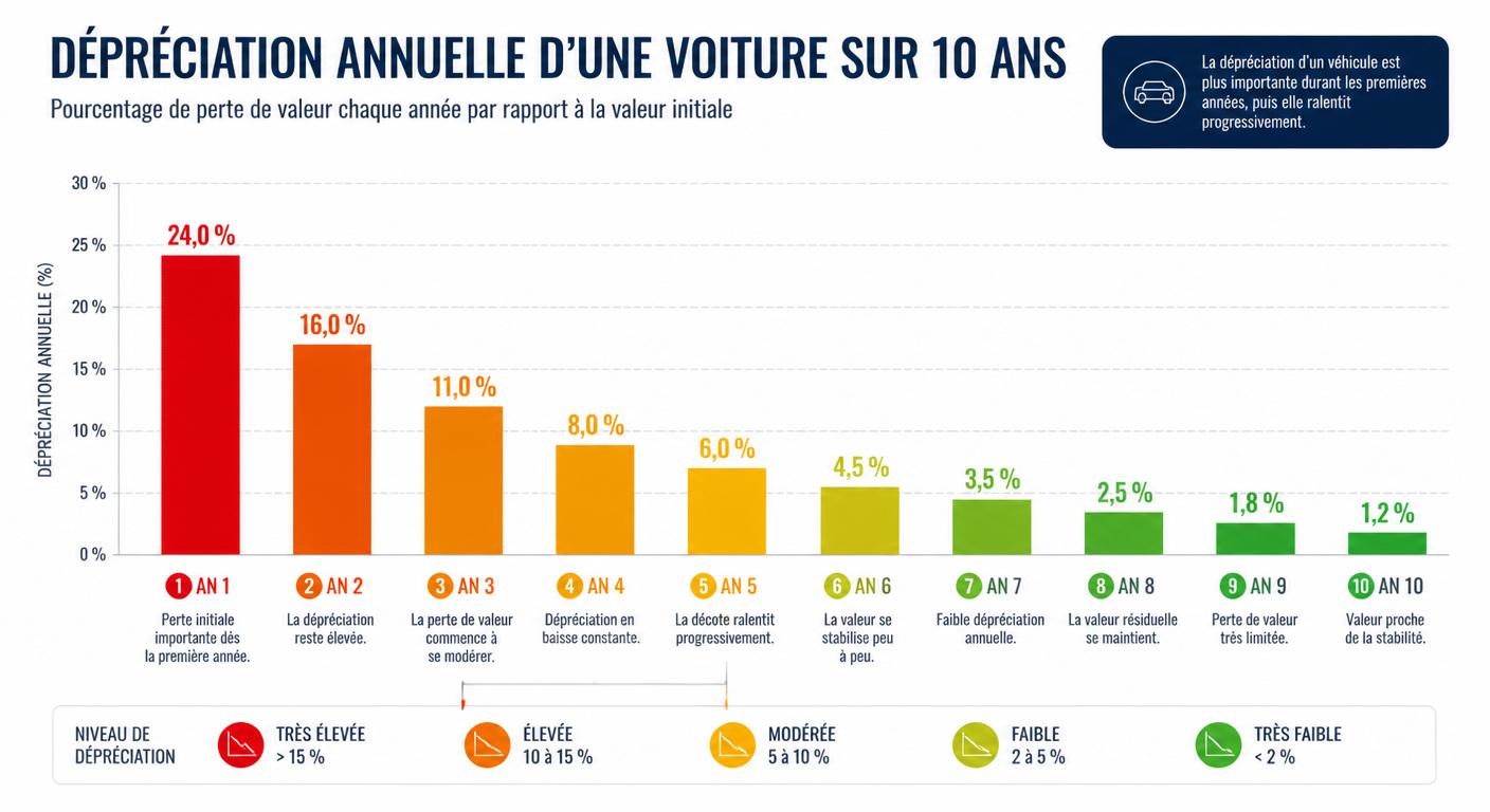 Tableau visuel de la décote annuelle d'une voiture d'occasion sur dix ans