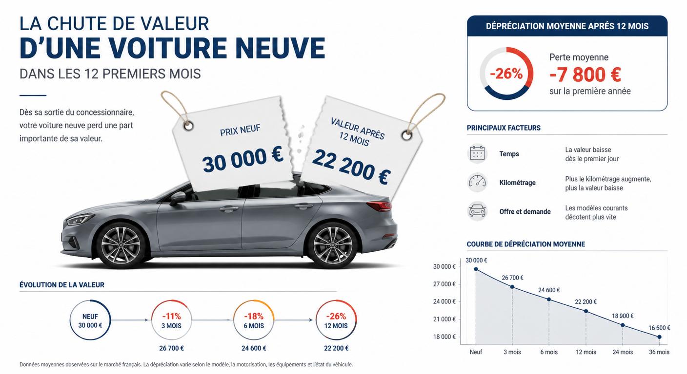 Illustration de la chute de valeur d'une voiture neuve la première année