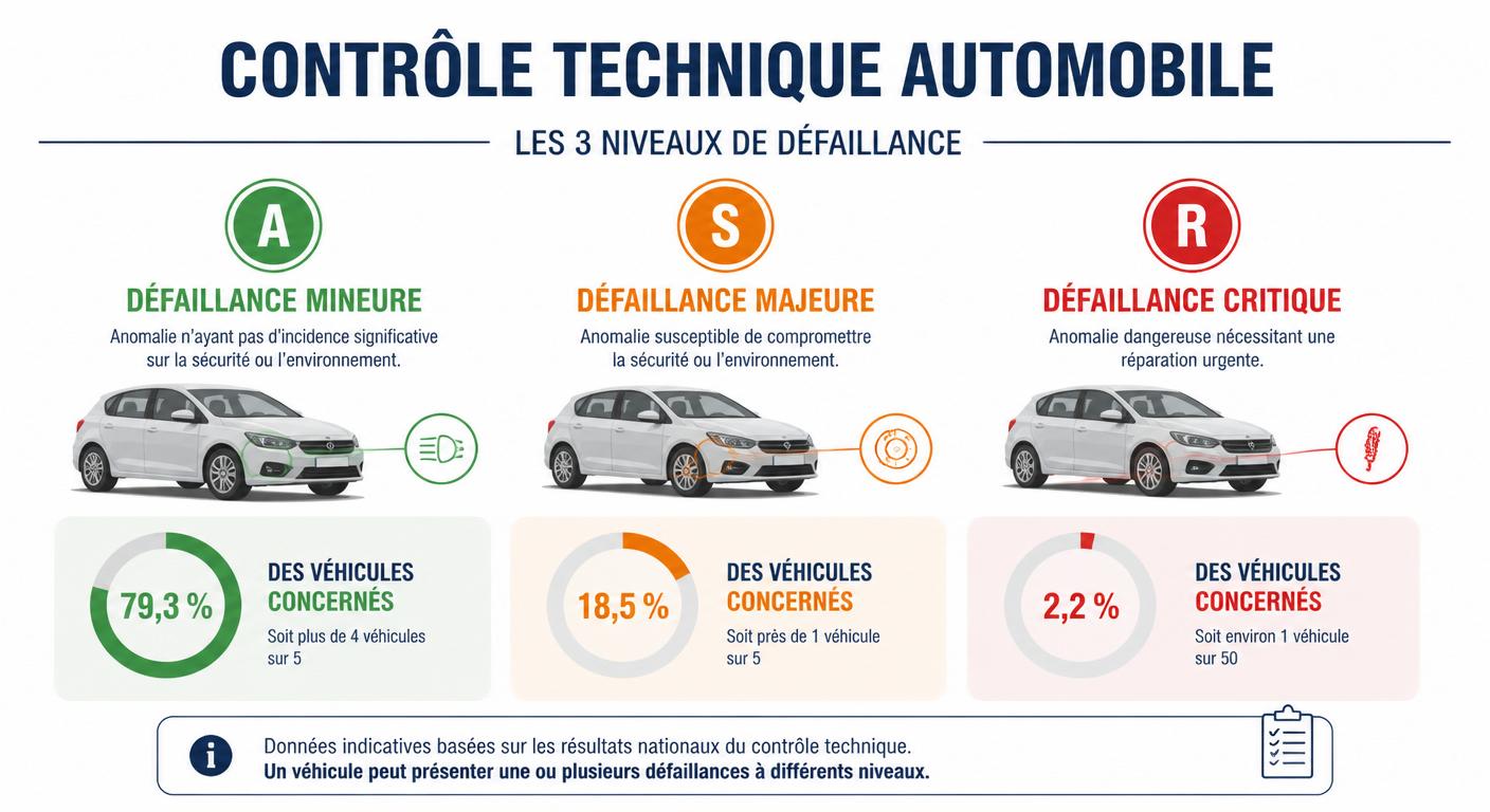 Infographie comparative des trois niveaux de défaillance au contrôle technique français