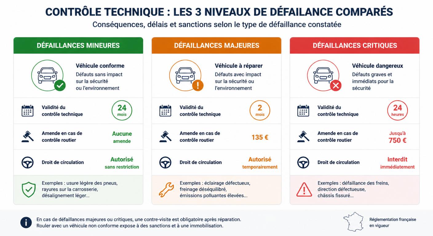 Infographie comparant les conséquences pratiques des défaillances mineures, majeures et critiques