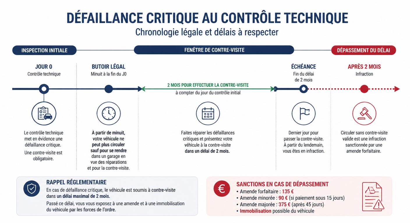 Frise chronologique des délais légaux après une défaillance critique au contrôle technique