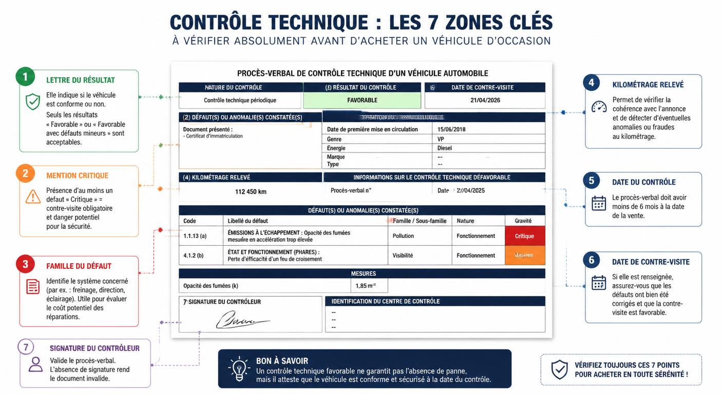 Infographie pédagogique de lecture d'un procès-verbal de contrôle technique pour acheteur d'occasion