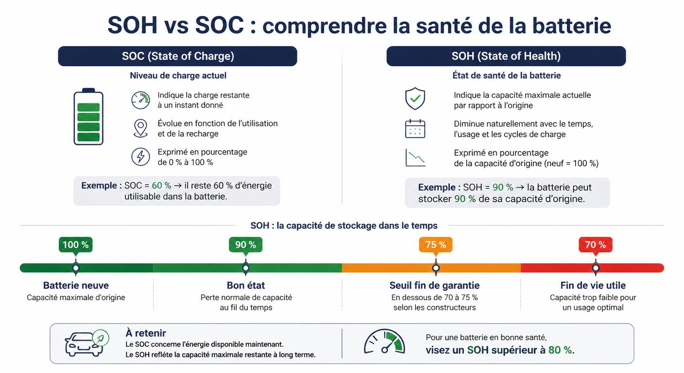 Infographie expliquant la différence entre SOH et SOC d'une batterie de voiture électrique