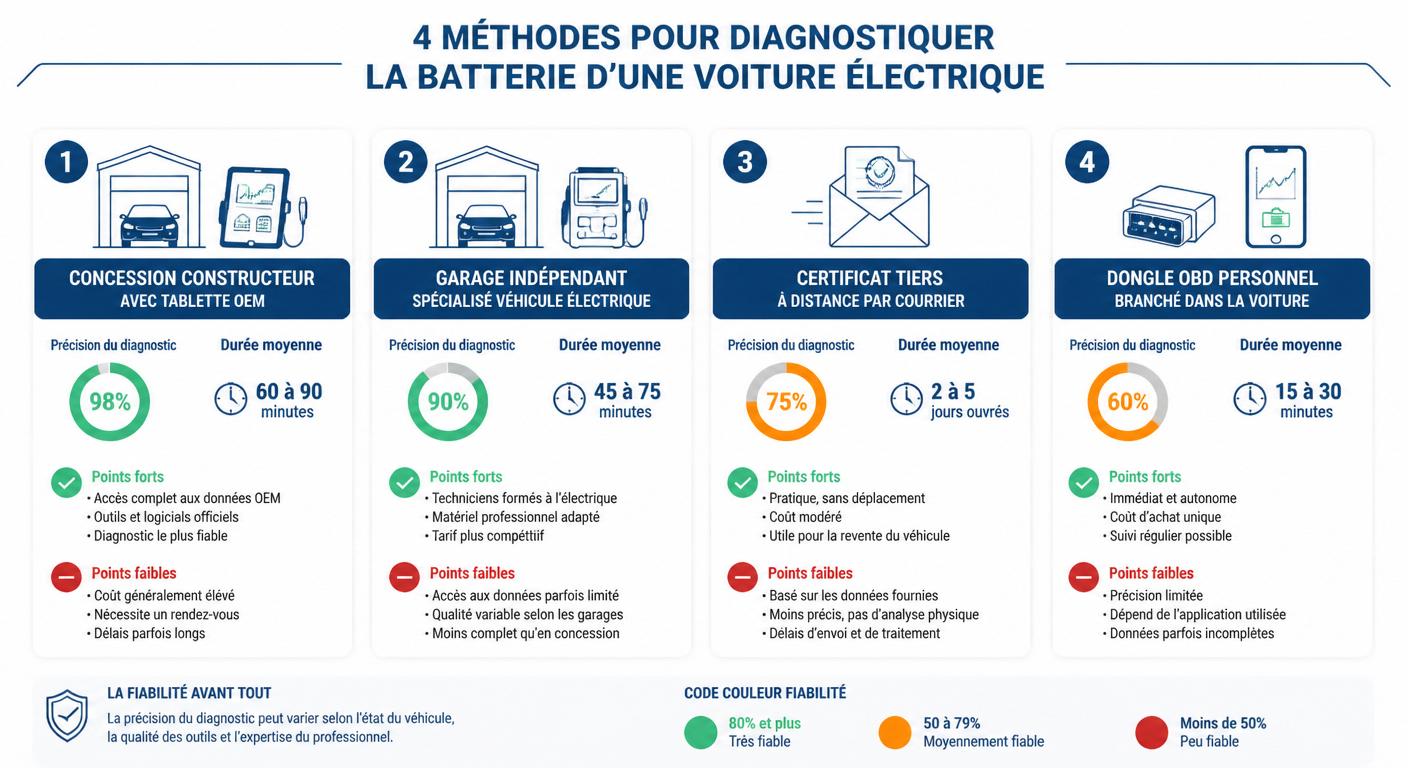 Infographie comparant les 4 méthodes pour diagnostiquer une batterie de voiture électrique