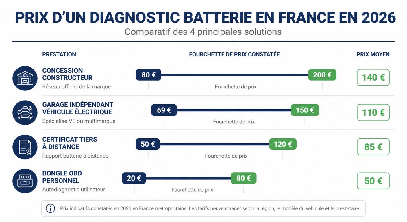 Infographie des tarifs 2026 pour diagnostiquer une batterie de voiture électrique