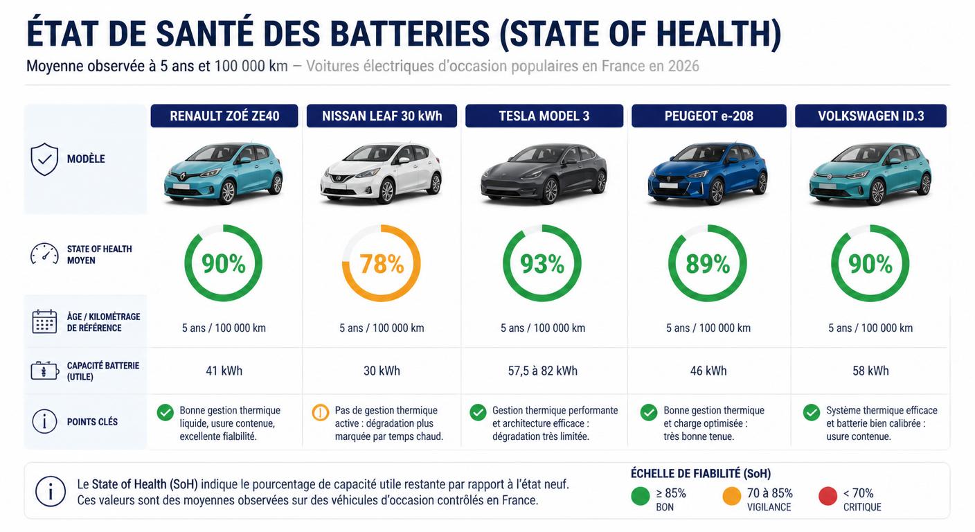 Infographie du SOH moyen à 5 ans par modèle de voiture électrique d'occasion