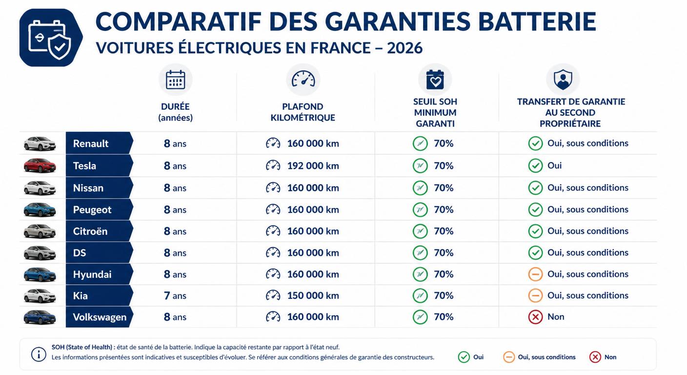 Infographie des garanties batterie constructeur 2026 pour les voitures électriques en France