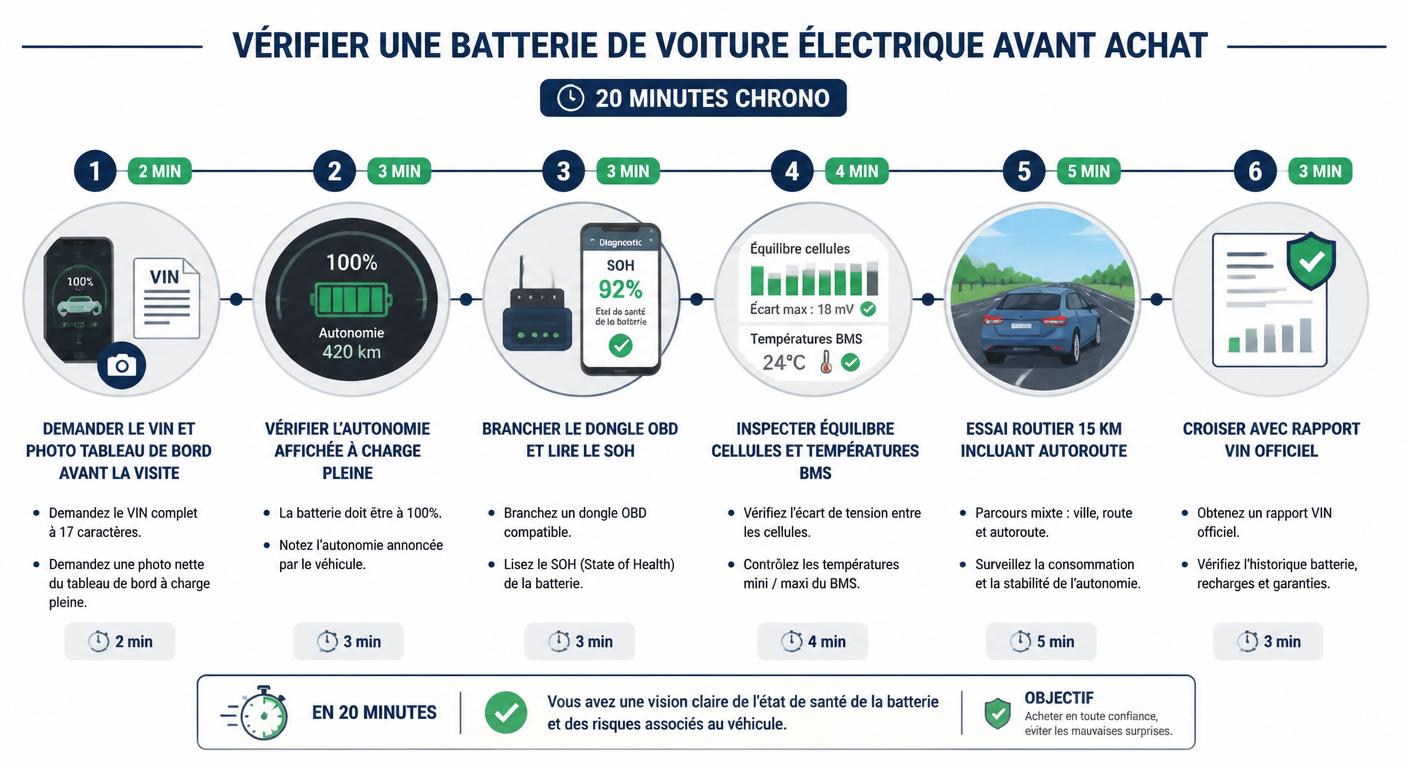 Infographie de la procédure 20 minutes pour vérifier une batterie de voiture électrique avant achat