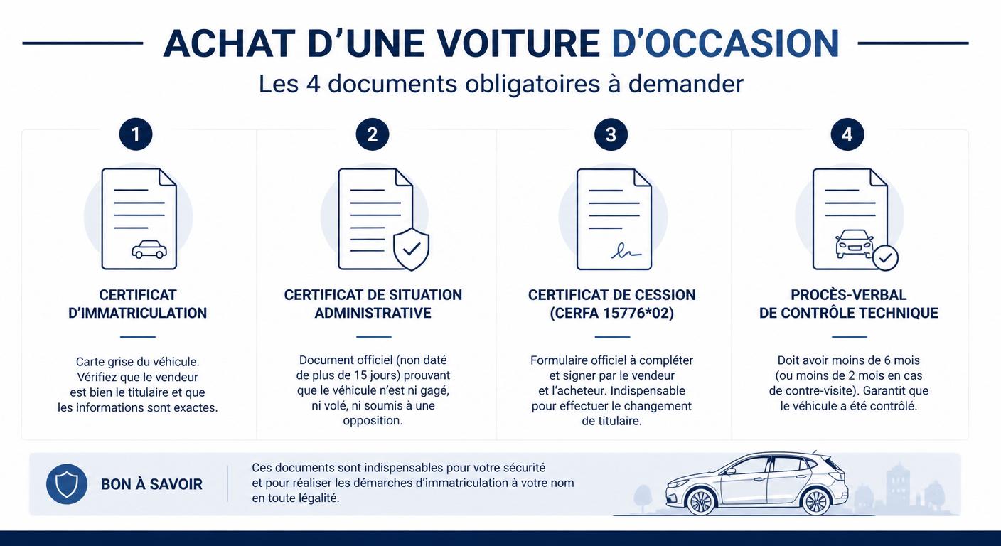Infographie des 4 documents obligatoires pour l'achat d'une voiture d'occasion en France