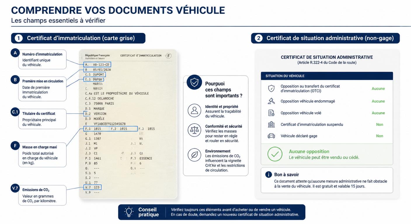 Schéma annoté du certificat d'immatriculation et du certificat de situation administrative