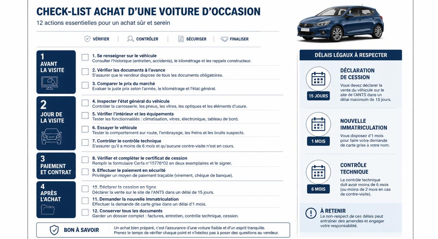 Check-list imprimable des 12 documents et délais à respecter pour acheter une voiture d'occasion